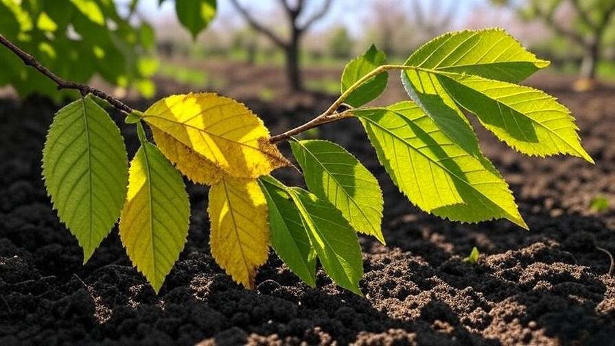 "Cherry tree leaves showing nutrient deficiency symptoms next to healthy leaves in an orchard".