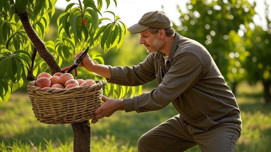 Gardener pruning a peach tree with a basket of fresh peaches in a lush garden."
