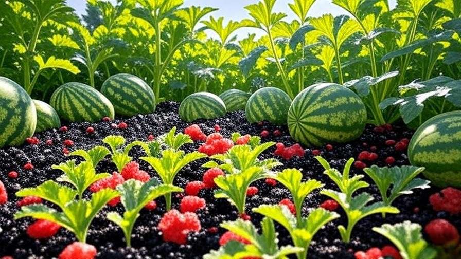 Watermelon berry plants growing in well-draining soil with reflective mulch under bright sunlight. 