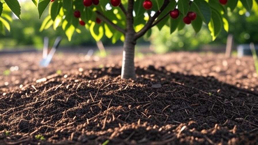 Healthy cherry tree with organic mulch improving soil health in a sunny garden.