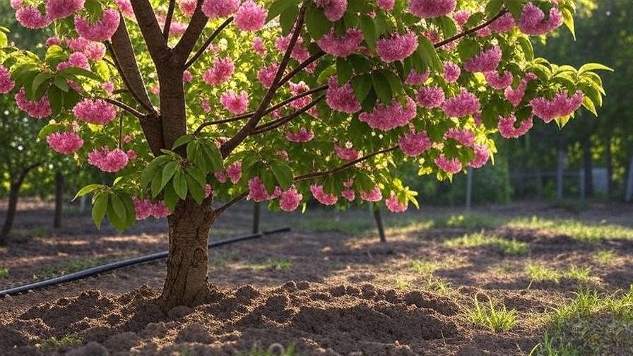 Cherry tree with drip irrigation system in sunlit garden