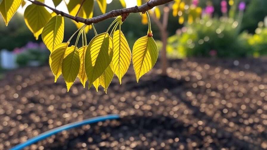 Cherry tree with curled and healthy leaves being watered with a soaker hose."