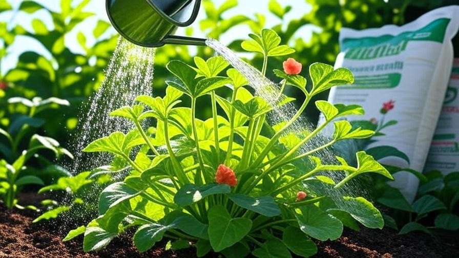 "Watering a healthy Watermelon Zkittlez plant with organic fertilizer in a sunny garden."
