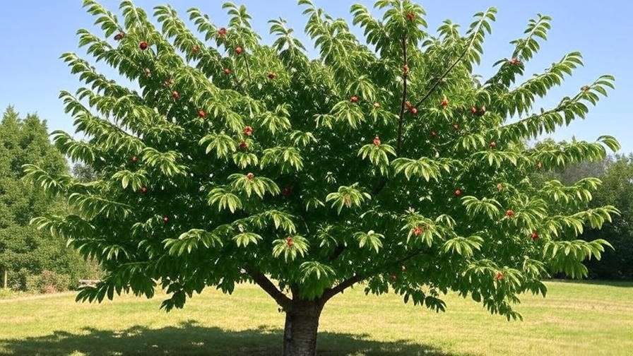"Mature cherry tree in full sunlight with a lush canopy in an open garden"