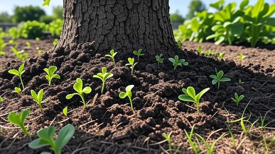Close-up of organic amendments like compost and clover around a cherry tree base in a sunny garden.