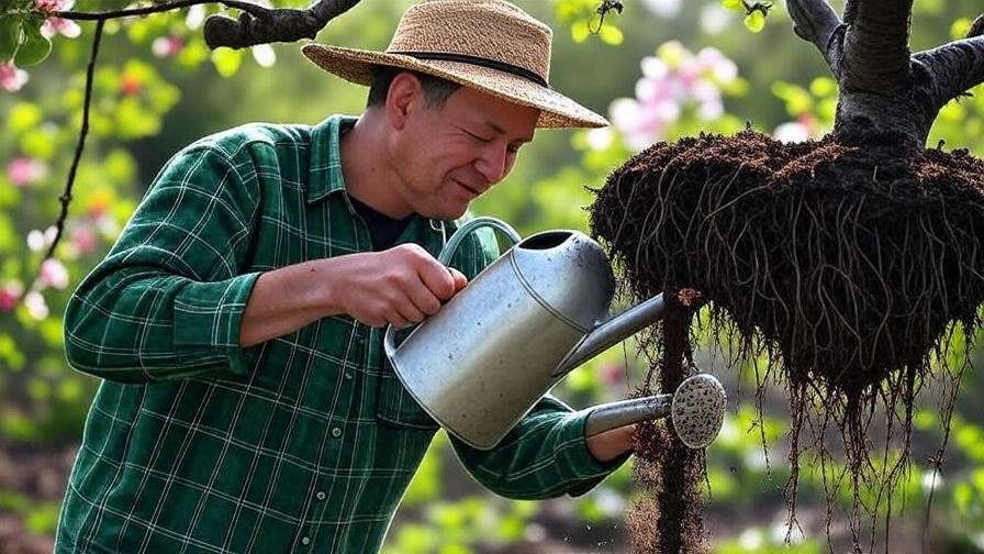 Gardener applying compost tea to cherry tree roots in a natural garden