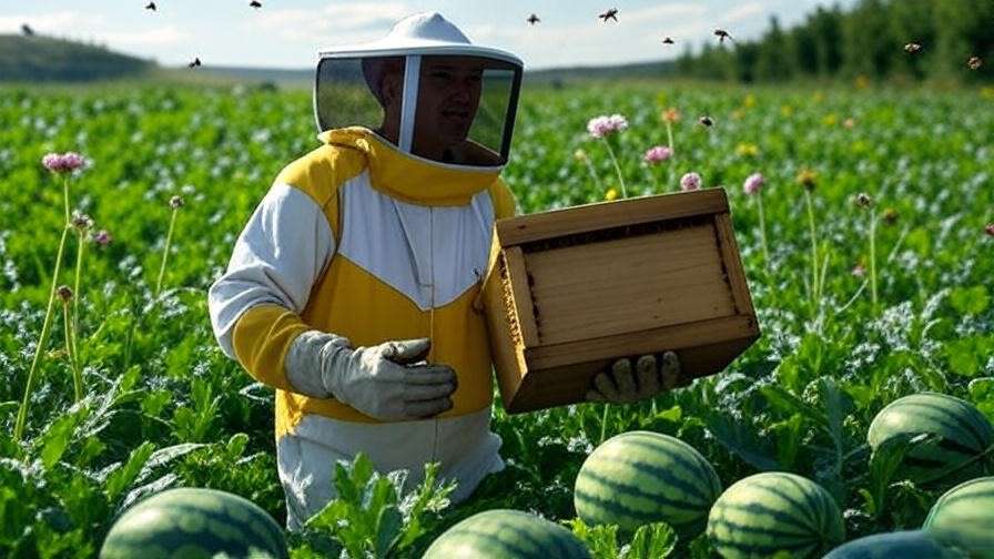 "Beekeeper placing beehive near watermelon field with wildflowers and bees"
