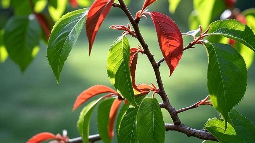 Cherry tree branch with peach leaf curl fungus and healthy leaves in a garden