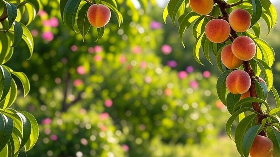 Ripe peaches on a healthy peach tree in a sunny garden with colorful flowers."
