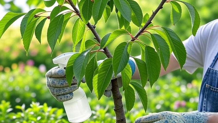 "Gardener applying organic pest control to a cherry tree with pest damage in a vibrant garden"