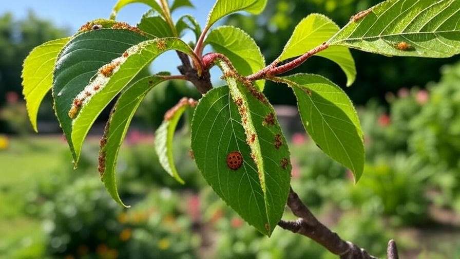 Cherry tree with aphid infestation and ladybug predator in a daylight garden."