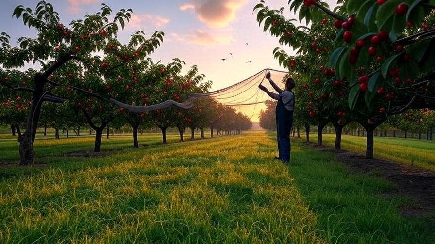 Gardener installing bird netting on cherry trees to prevent pest damage in a vibrant orchard."