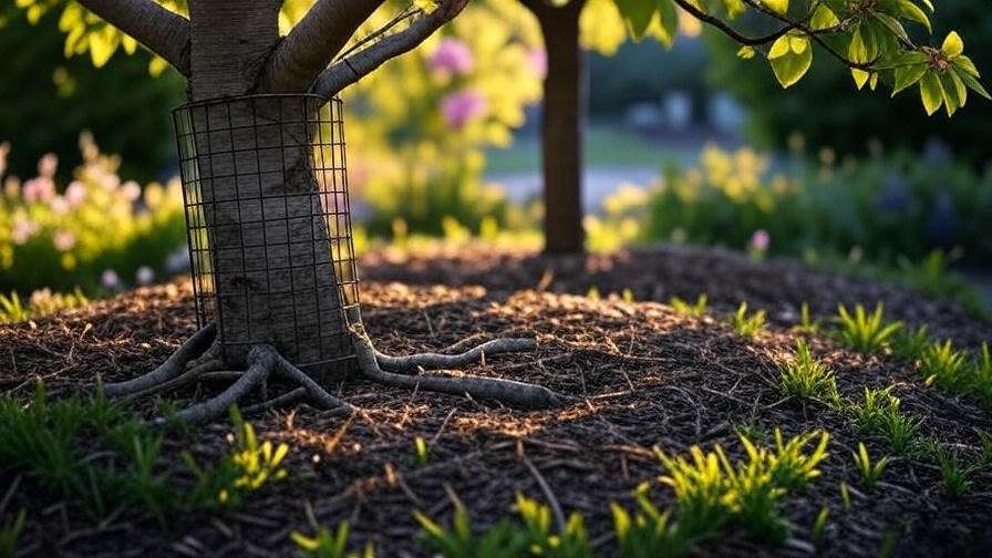 Installing wire mesh tree guard around cherry tree roots in a garden".
