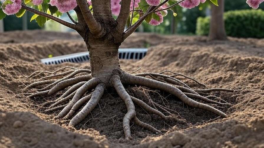 Cherry tree with pruned roots and French drain for improved drainage".