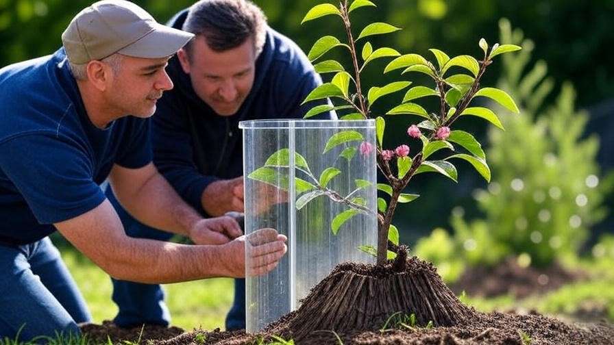 Gardener installing tree guard on young cherry tree with mulch