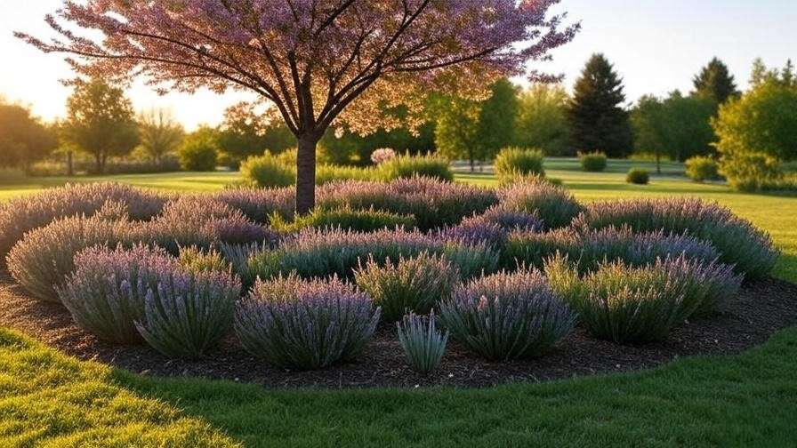 Cherry tree surrounded by deer-resistant lavender and alliums in a garden layout."