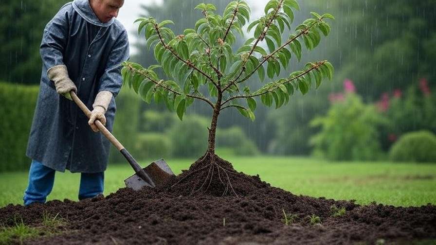 Cherry tree planting with soil mound and gardener in rainy conditions