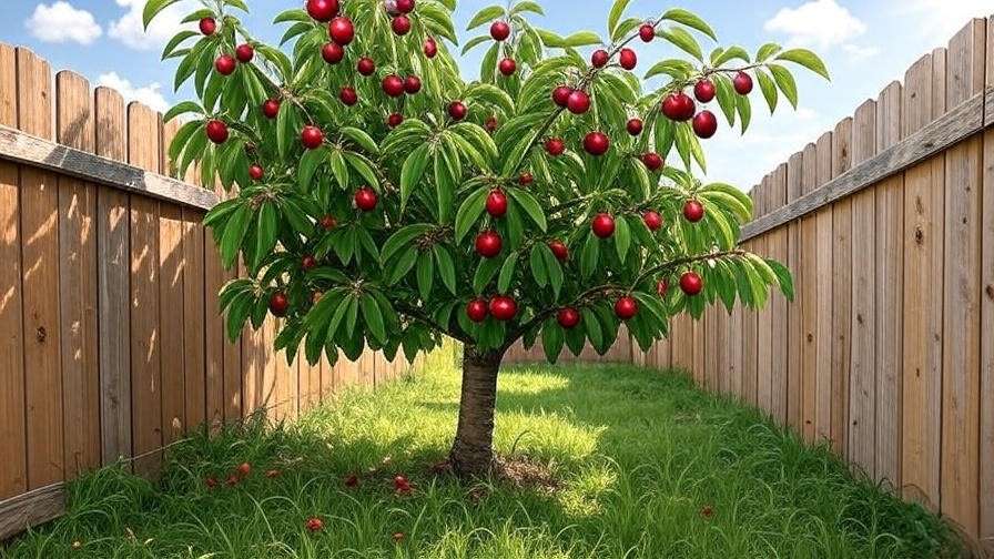 "Espaliered cherry tree with ripe fruit against wooden fence