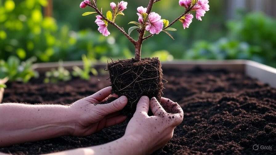 Planting dwarf cherry tree in raised bed with soil and root care