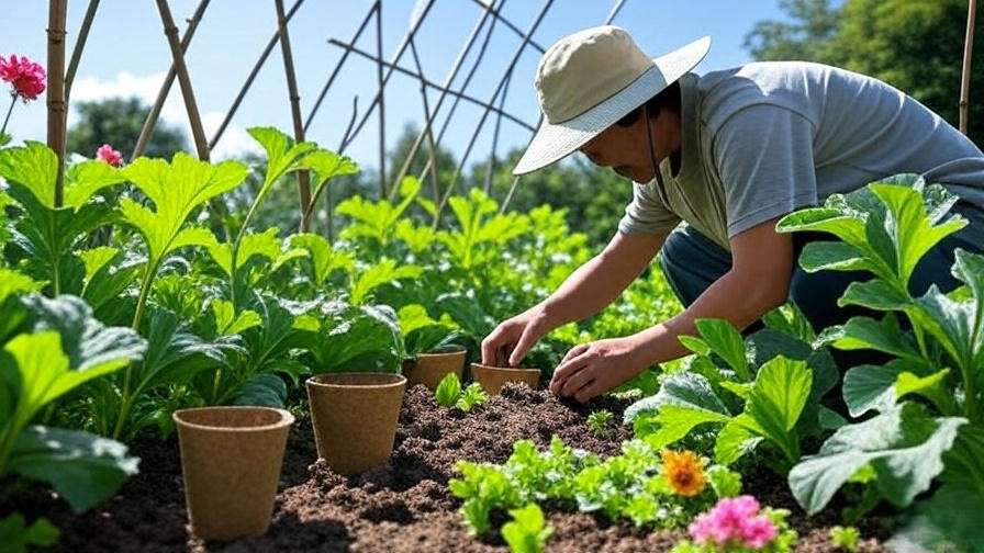Gardener planting Japanese watermelon seeds with trellis in a vibrant garden"
