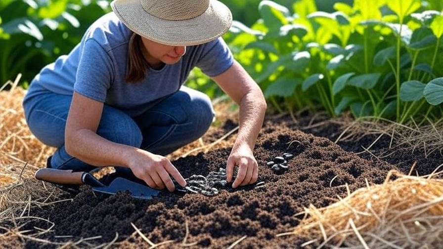 Gardener planting black seedless watermelon seeds into mounded soil with tools and mulch." 