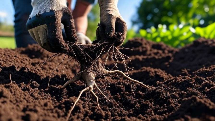 Gardener planting a cherry tree root system in well-prepared soil with compost in a sunny garden".