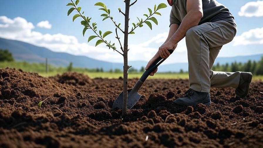 Gardener planting a young cherry tree with shovel and compost in an orchard"
