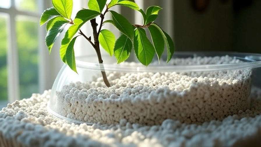Cherry tree cutting in a pot with plastic cover on a windowsill"