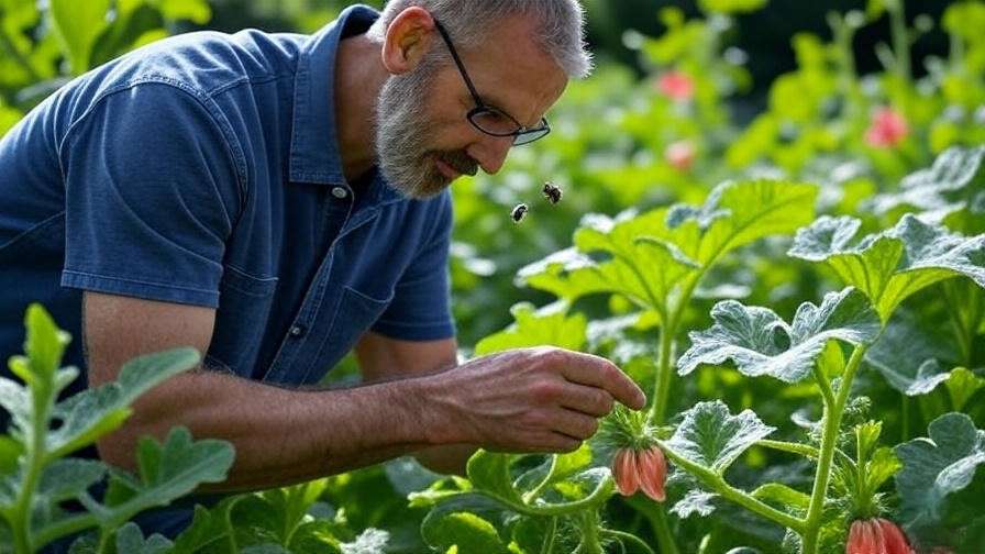 Gardener hand-pollinating Jam Watermelon flowers with a brush in a vibrant garden."
