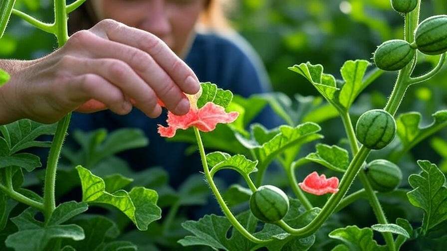 Gardener hand-pollinating mini watermelon seedless flowers with a brush in a thriving garden." 