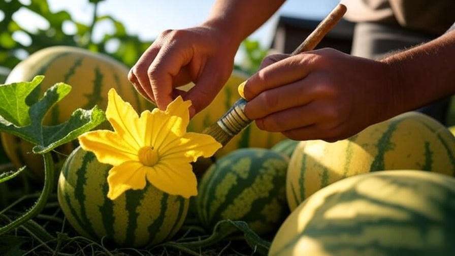 "Gardener hand-pollinating yellow watermelon flower with ripe melons in background". 