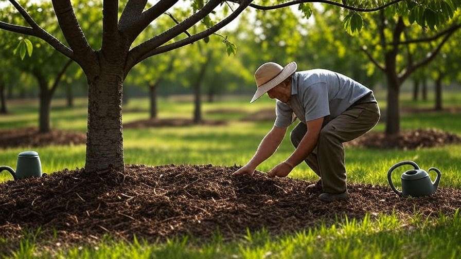 "Gardener mulching cherry tree after pruning with tools and watering can in orchard."
