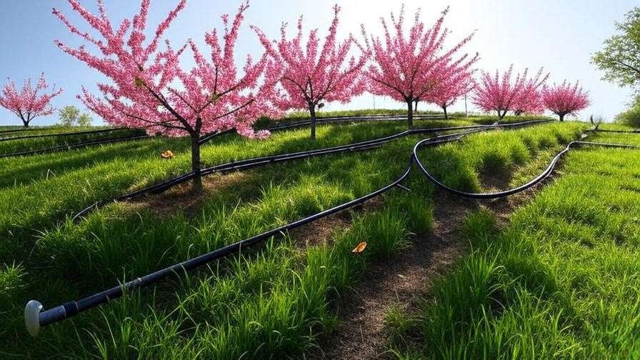 Dwarf cherry trees on terraced slope with drip irrigation system