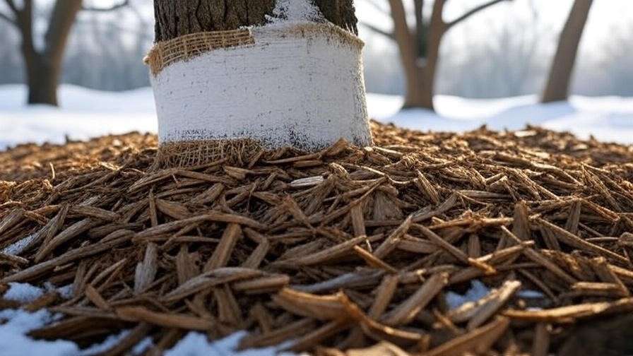 Cherry tree trunk wrapped with burlap and mulch for winter protection in a snowy orchard."