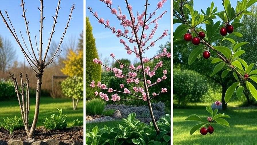 Seasonal timeline of cherry tree from winter pruning to summer fruit in a garden."