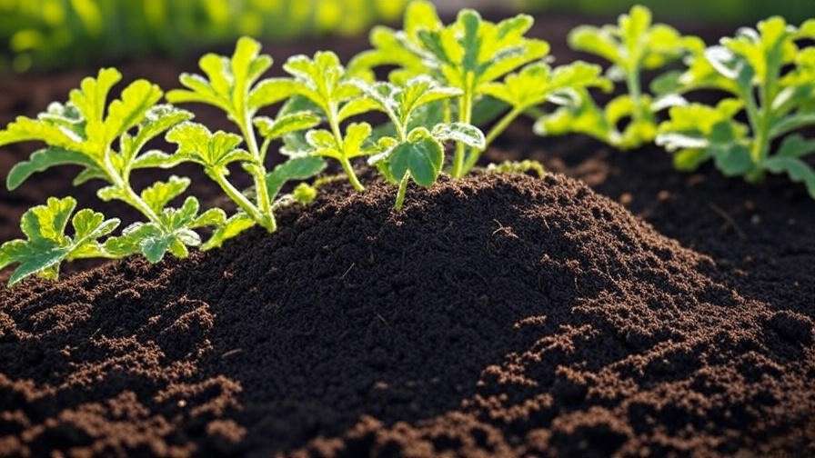 "Garden bed with nutrient-rich soil and young watermelon vines in a sunny setting"
