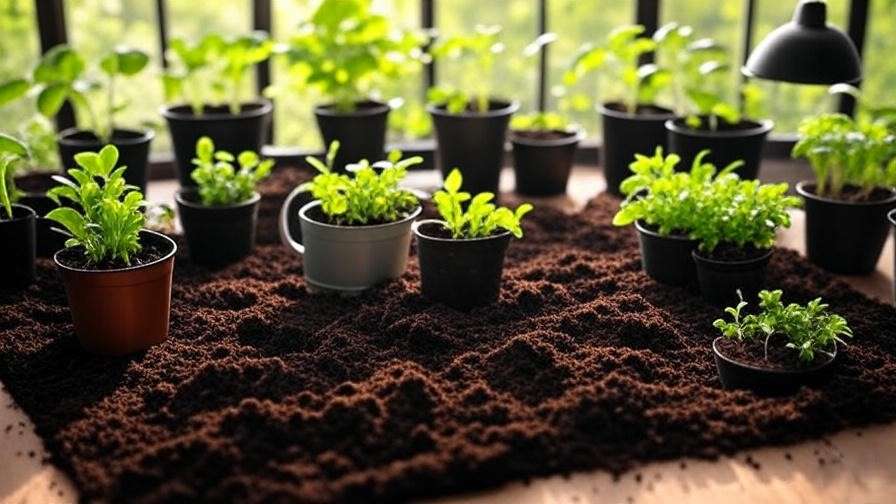 Gardening tools and nutrient-rich soil with Watermelon Zkittlez seedlings in a bright setup."
