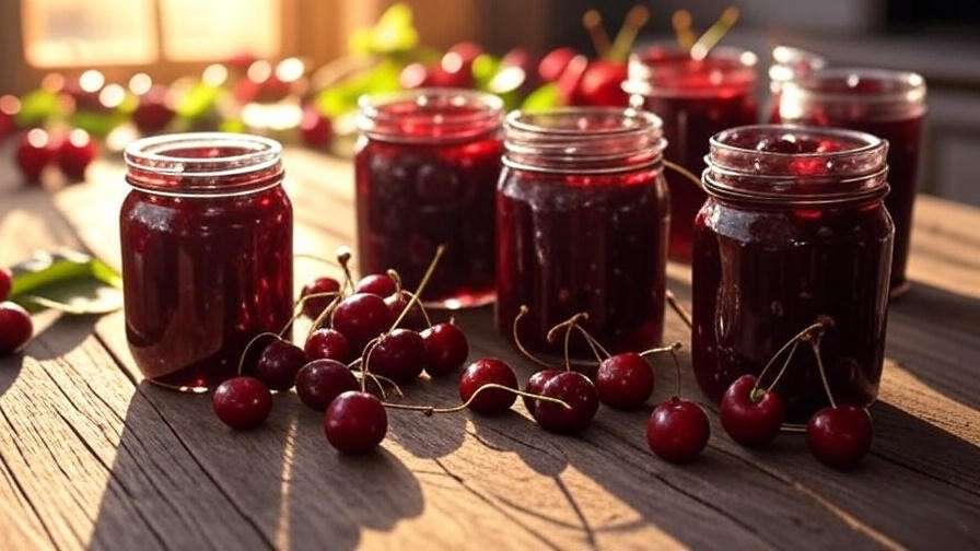 Jars of cherry jam and dried cherries with fresh cherries on a wooden table."
