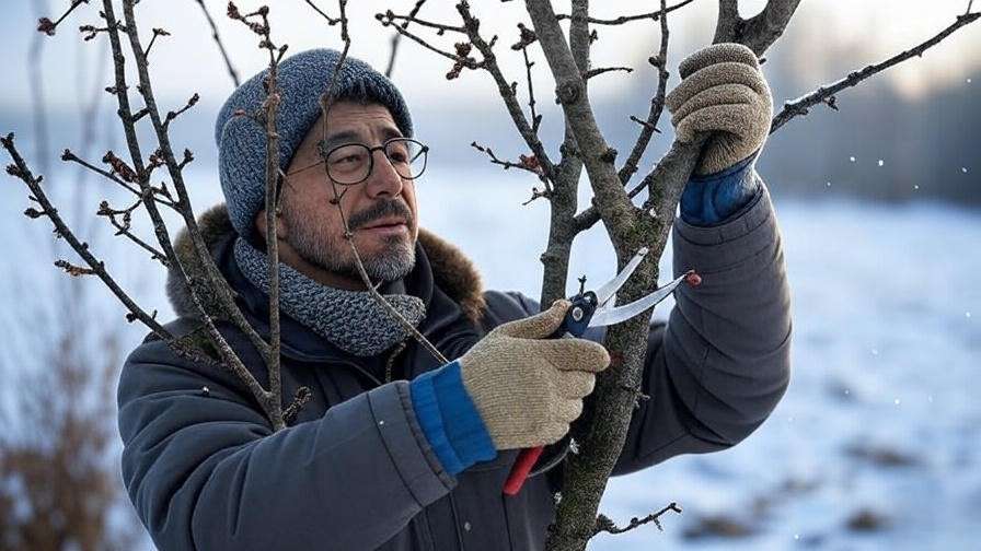 Gardener pruning cherry tree in late winter to improve airflow