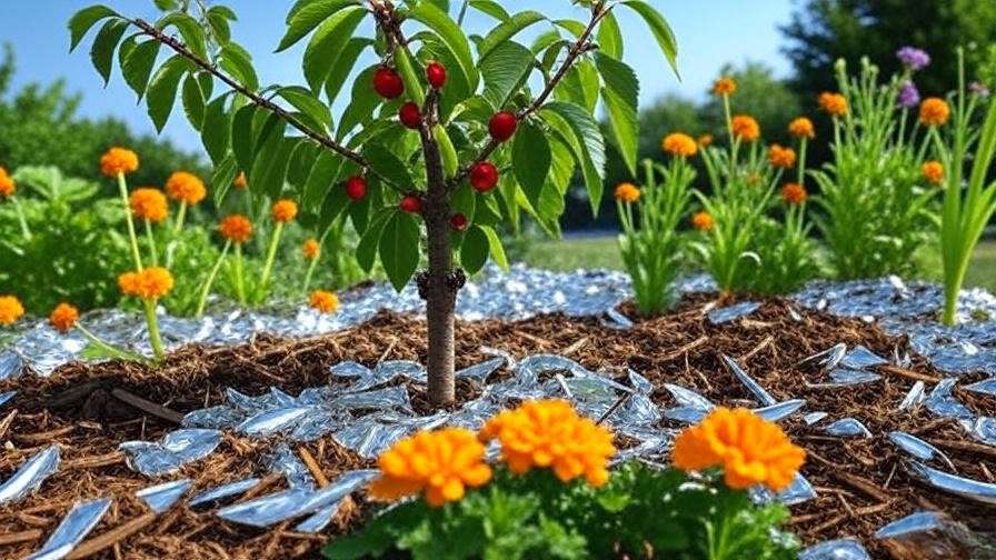 Cherry tree with marigolds, garlic, and reflective mulch for aphid prevention