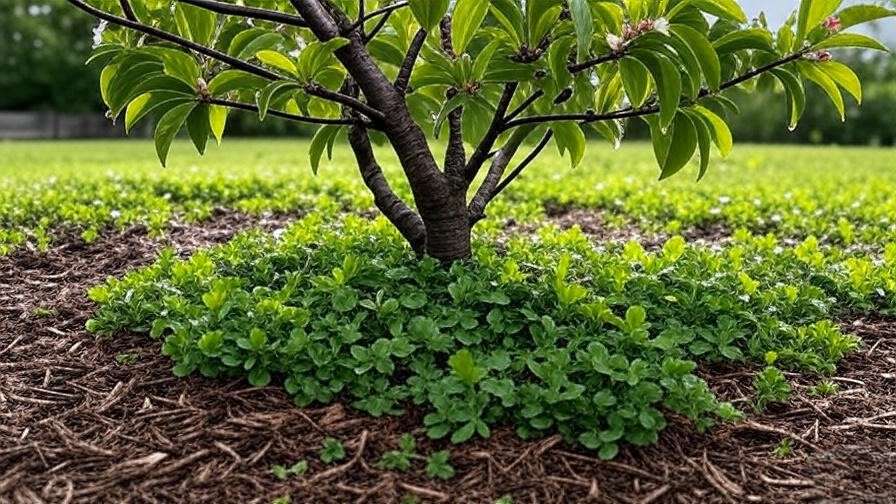 Cherry tree with drip irrigation and ground cover plants under a sunny sky."