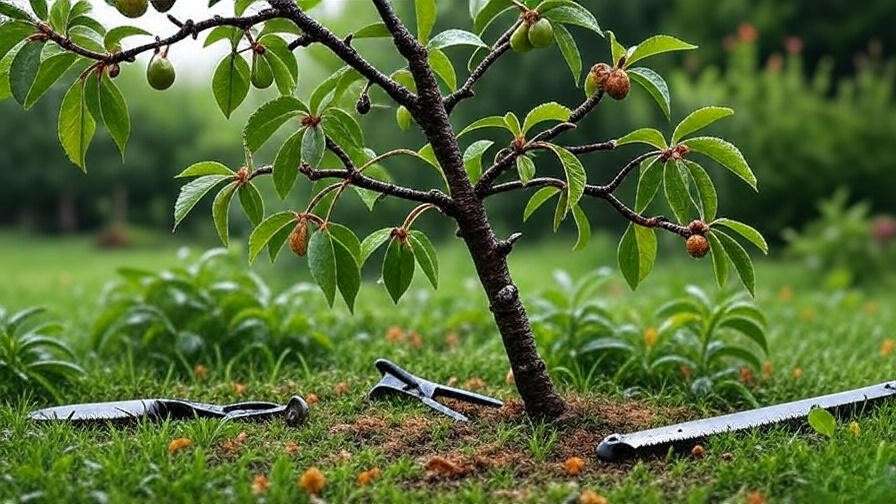 Cherry tree with fungal disease symptoms and healthy branch in wet climate."