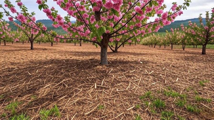 Cherry tree with wood chip mulch in an orchard to prevent sucker growth.