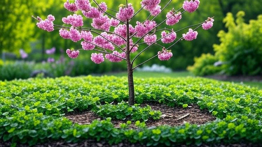 "Cherry tree with clover companion plants and mulch ring in healthy garden soil."