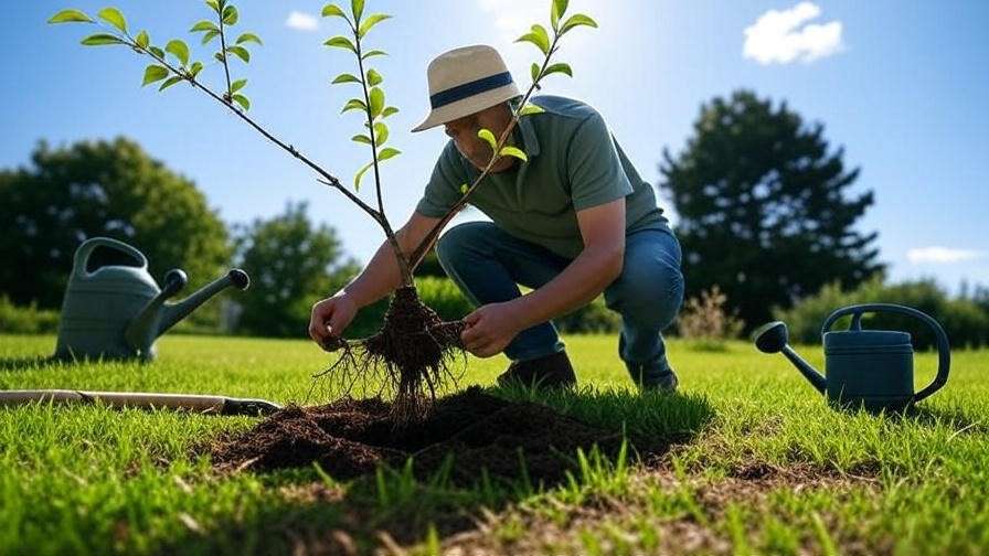 Step-by-step process of planting a cherry tree in a sunny garden".
