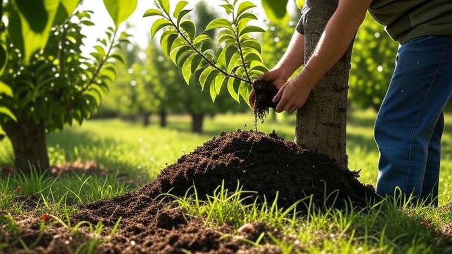 Cherry tree planting with organic amendments in a sunny orchard"