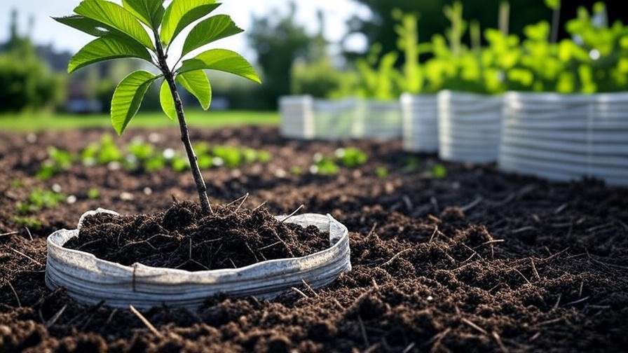 Newly planted cherry tree in loose soil with protective barrier."
