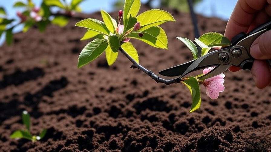 "Gardener pruning a healthy cherry tree branch with pink blossoms and mulched soil."
