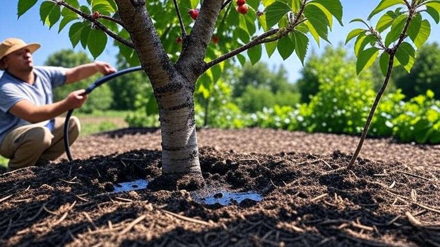 Gardener watering a healthy cherry tree with a soaker hose and organic mulch on moist soil."
