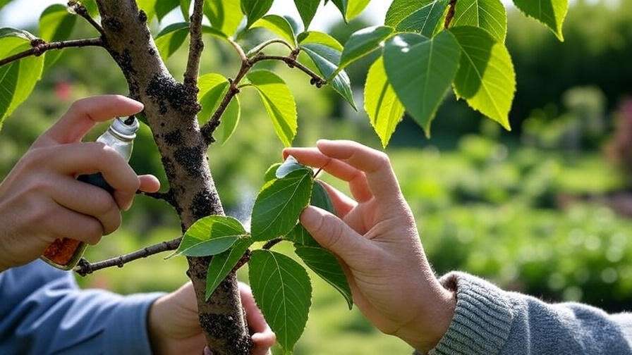 Gardener applying neem oil to cherry tree to protect against pests"